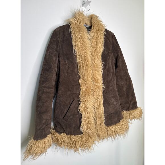 Y2K dELiA*s Suede Faux Fur Trim Jacket – Brown Shaggy Coat Size M (1990s/2000s) - Picture 6 of 13
